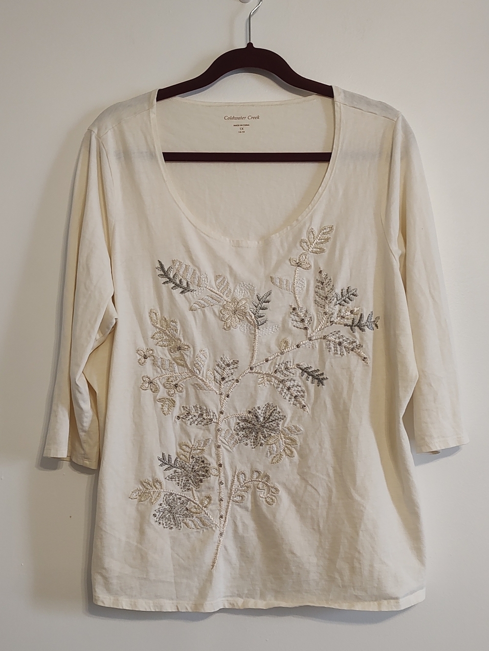 Coldwater Creek  3/4 Sleeve Round Neck Embroidery Top - 100% Cotton